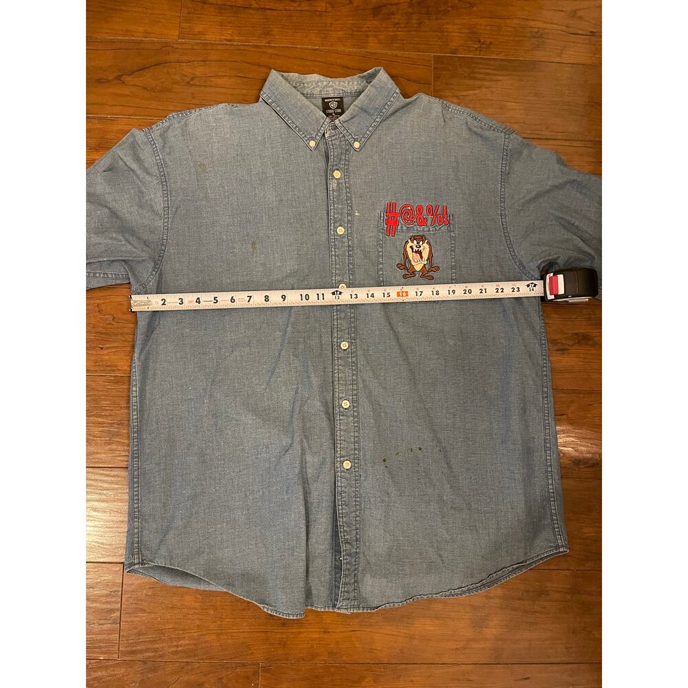 VTG 90s Warner Bros Denim Shirt Mens Size XL Button Up Blue Taz Looney Tunes - Picture 10 of 12